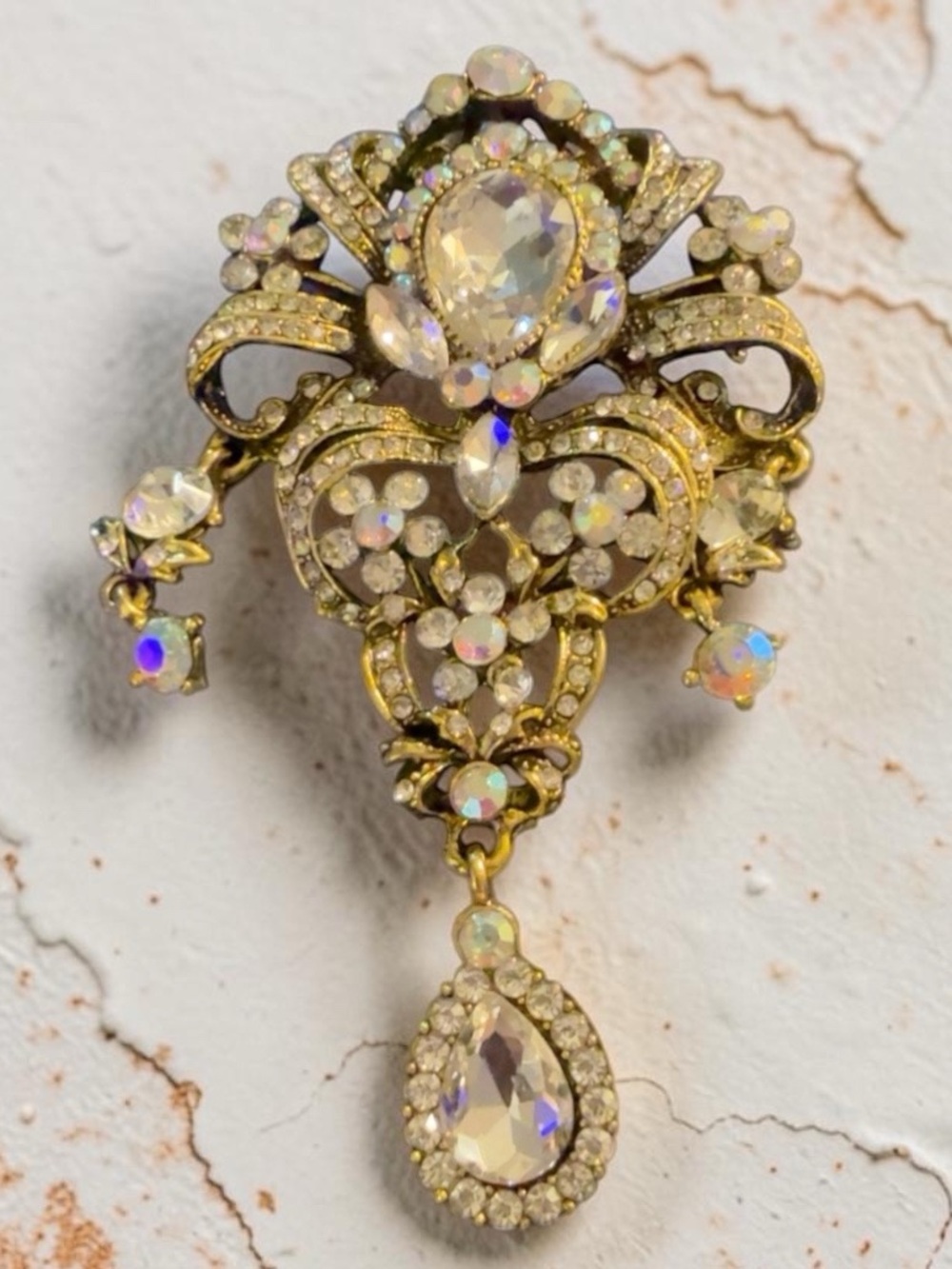 Vintage Gold Tone Rhinestone Brooch Ornate Filigree Dangle Statement Pin